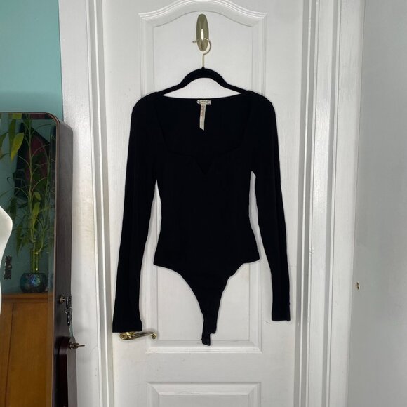 Free People Intimately Black Square Neck V Notch Stretch Bodysuit, S #338 - Picture 5 of 10